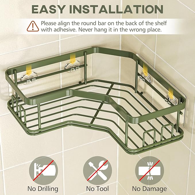 MAXIFFE 3 Pack X-Large Corner Shower Caddy with Soap Holder, Large Capacity Easy Install No Drilling Stainless Steel Hold 40 LB Shower Organizer Shelves Rack for Family Renters Bathroom, Forest Green