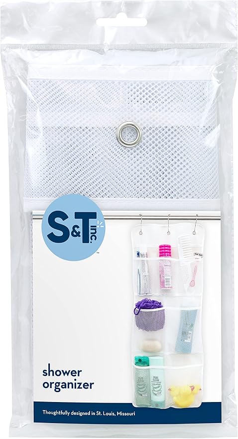 S&T INC. Shower Organizer, Shower Caddy or Bathroom Organizer with Quick Drying Mesh, 7 Pockets to Hold Shampoo, Soap, Loofah, and Cruise Ship Essentials, 14 Inch by 30 Inch, White, 1 Pack