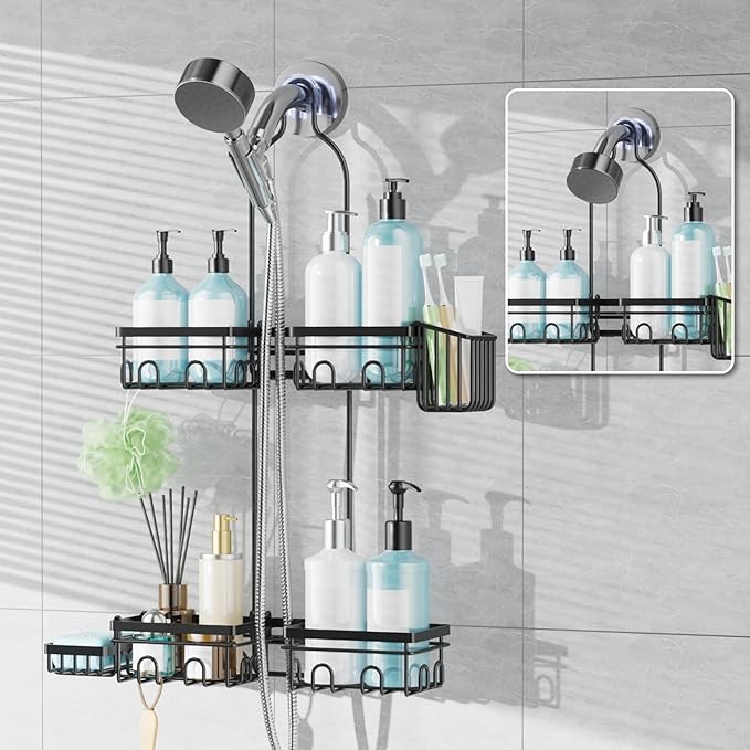 KEGII Split Hanging Shower Caddy for Handheld Showerheads, EXTRA Soap Holder & Toothbrush Holder, 24 Hooks Anti-Swing Over Showerhead Organizer, Rustproof Bathroom Shower Rack, Black