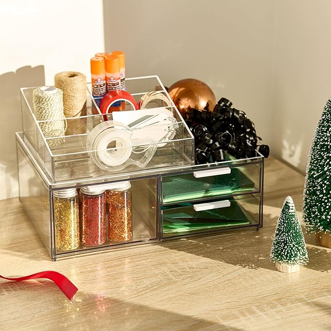 iDesign The Sarah Tanno Collection Plastic Cosmetic Drawer Organizer, Clear/White Large