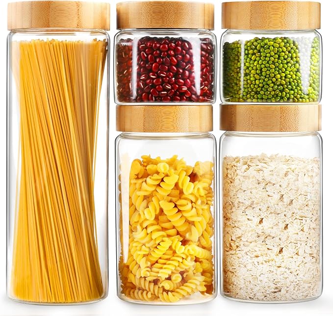 Glass Canisters With Airtight Bamboo Lids - 3 Pack 80oz Cereal Containers, Cookie Jars, Pasta Storage - Screw On Kitchen Jars
