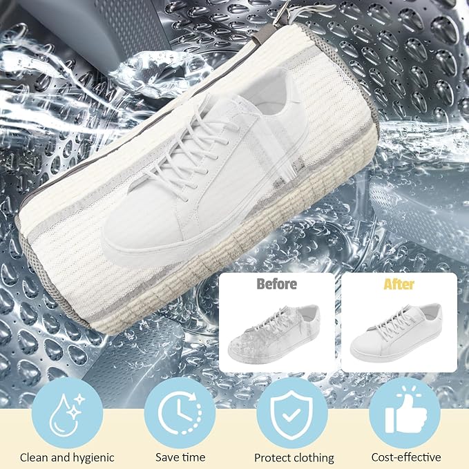 Shoe Washing Machine Bag,2 Pcs Shoe Washing Bag for Dryer & Washer, Reusable Laundry Shoe Bag for All Shoes Sizes, Independent Insole Compartment With Side Mesh (White)