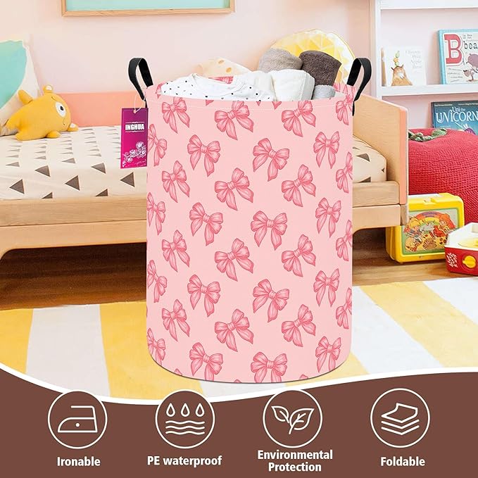Laundry Hamper Large Canvas Fabric Lightweight Storage Basket/Toy Organizer/Dirty Clothes Collapsible Waterproof for College Dorms, Boys and Girls Bedroom,Bathroom(Pink bowknots)