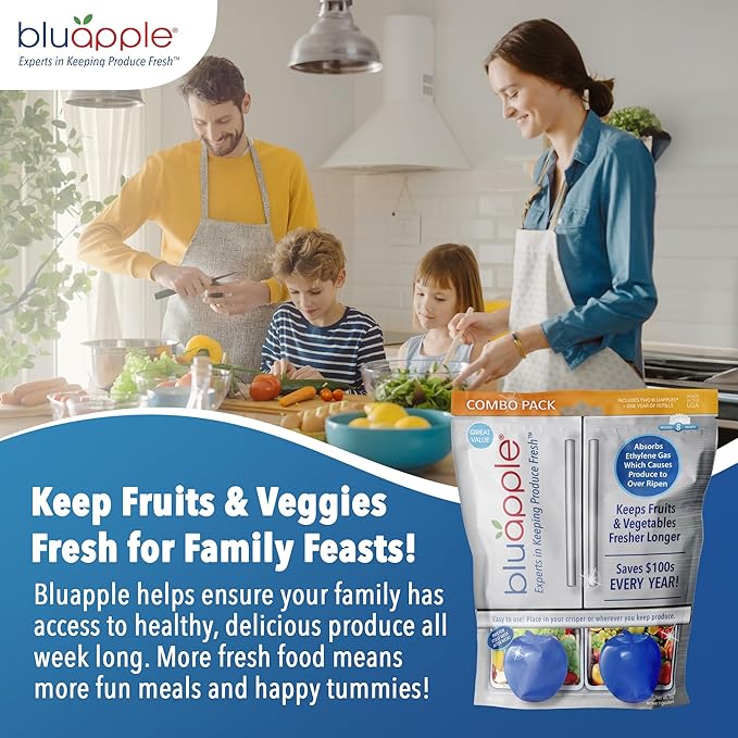 Bluapple Produce Saver Ethylene Gas Absorber - Fresh Fruit & Vegetable Storage for Refrigerator, Each Packet Lasts 3 Months, Produce Storage, BPA Free - Combo Pack (8 Packets & 2 Bluapples for 1 Year)