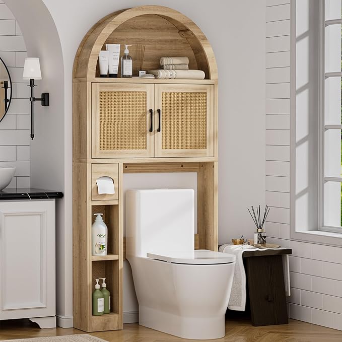 Spurgehom Over The Toilet Storage Cabinet, Bathroom Shelf Organizer Freestanding, Bathroom Arch Cabinet Over Toilet with Toilet Paper Holder and Anti-Tipping Device (Wood & Wicker Door)