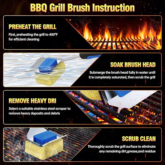 Grill Brush Bristle Free for Outdoor Grill,BBQ Grill Cleaner Brush and Scraper with Replaceable Head,Safe Steam Cleaning 17'' Long Handle Grilling Accessories for Cast Iron Stainless Steel Grates,Blue