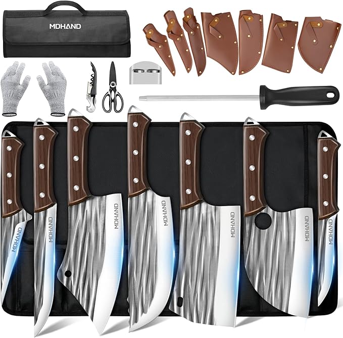 MDHAND Butcher Knife Set, Hand Forged Kitchen Chef Knife Set with Roll Bag