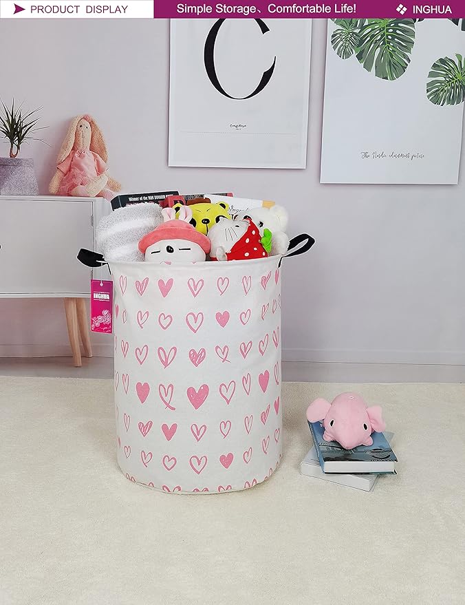 Laundry Hamper Large Canvas Fabric Lightweight Storage Basket/Toy Organizer/Dirty Clothes Collapsible Waterproof for College Dorms, Boys and Girls Bedroom,Bathroom(Pink hearts)