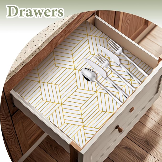Shelf Liners for Kitchen Cabinets 35.4 in X 19.69 Ft, Non Adhesive Cabinet Liner Strong Non-Slip Thickened Gold Geometric Drawer Liner, Easy to Clean for Shelf, Cabinet with Knife and Tape Measure