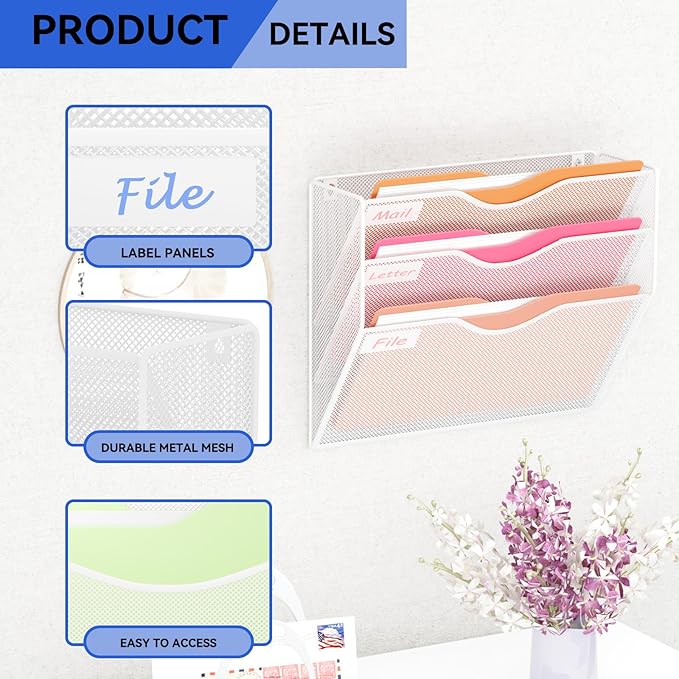 3 Pockets Hanging Wall File Organizer Mail Holder, Wall Mounted Paper Document Folder Holder, Clipboard Storage Organization Magazine Rack, White