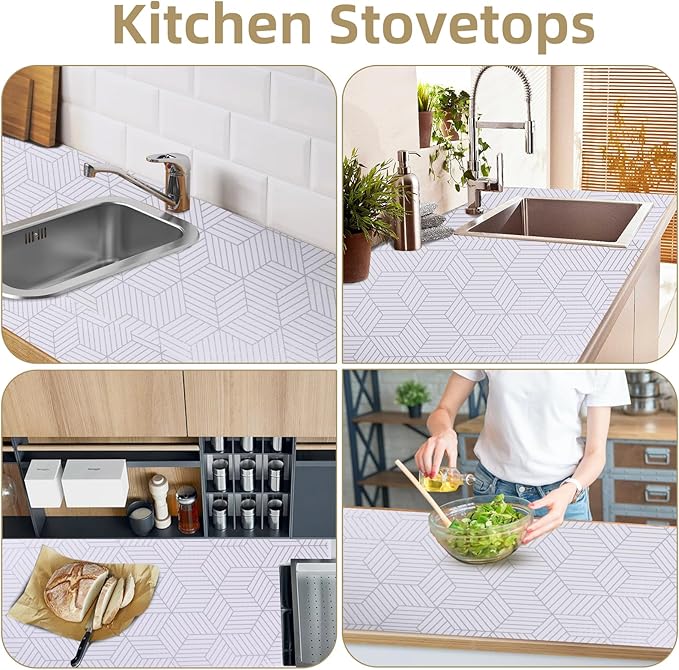 Shelf Liners for Kitchen Cabinets 24in x 20FT, Non Adhesive Cabinet Liner Strong Non-Slip Thickened Silver Geometric Easy to Clean for Shelf, Cabinet, Refrigerator with Knife and Tape Measure