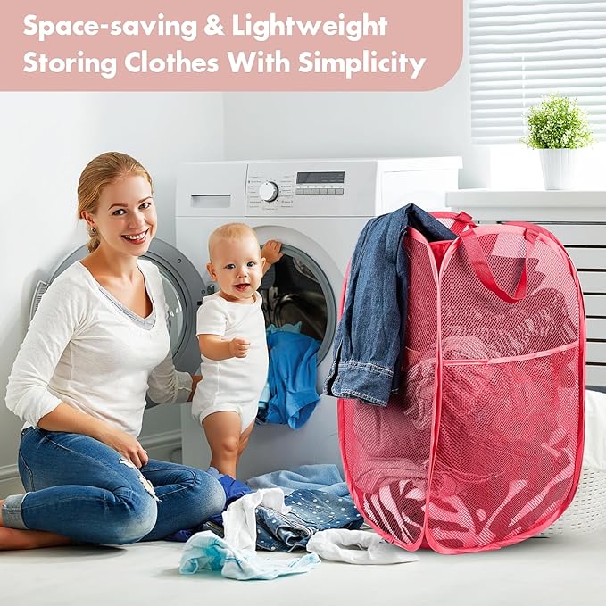 DUCOO Pop Up Hamper, 2 PCS Mesh Pop Up Laundry Hamper, Foldable Mesh Laundry Basket with Space Saving Design for Home, Dorm, Travel and Storage, Red