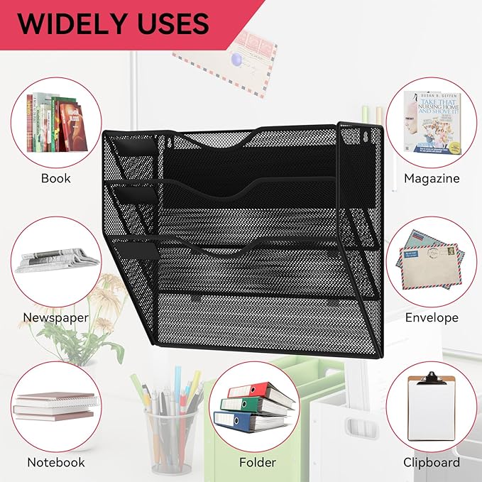 3-Tier Magnetic File Holder, No Drilling Wall File Organizer, File Folder Bins, Mail & Magazine Rack, Magnetic Paper Document Holder for Refrigerator File Cabinets Whiteboard, Black
