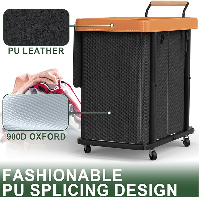 190L (50 Gal) Extra Large Fashion Laundry Hamper 2 Section with Lid, Rolling Laundry Basket Hamper with Handle, Laundry Organizer Storage Cart with Sturdy Metal Frame for Laundry Room, Hotel, black