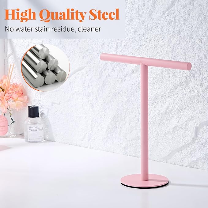 Pink Bathroom Hand Towel Holder Stand，T-Shape Hand Towel Holder Stand SUS304 Stainless Steel for Bathroom，Kitchen or Vanity Countertop