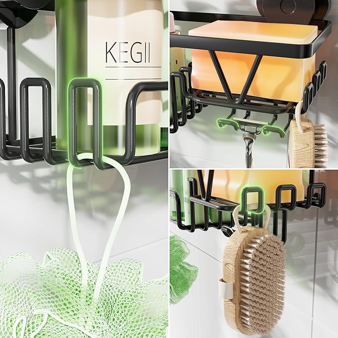 KEGII Shower Caddy Suction Cup with Soap Holder and Hooks, Removable Suction Bathroom Organizer Shelf, No Drilling Shower Organizer, Stainless Steel Shampoo Holder for Bathroom Storage, Black