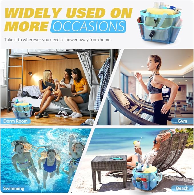 Mesh Shower Caddy Portable for College Dorm Room Essentials with 8 Pockets, Shower Bag for Beach, Swimming, Gym, Travel, Bathroom(All blue)