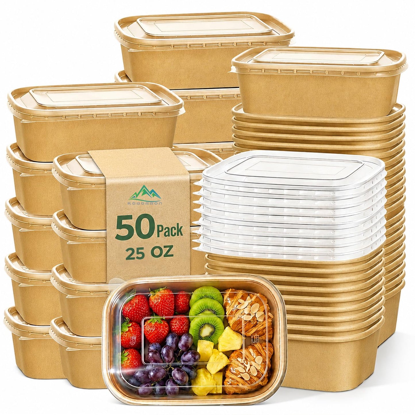 Kaderron 50 Pack 32 OZ Large Paper Bowls with Lids, Heavy Duty Disposable Compostable Container for Party, Disposable Bowls Bulk Soak-Proof and Microwave Safe for Hot/Cold Use(32OZ-50PACK)