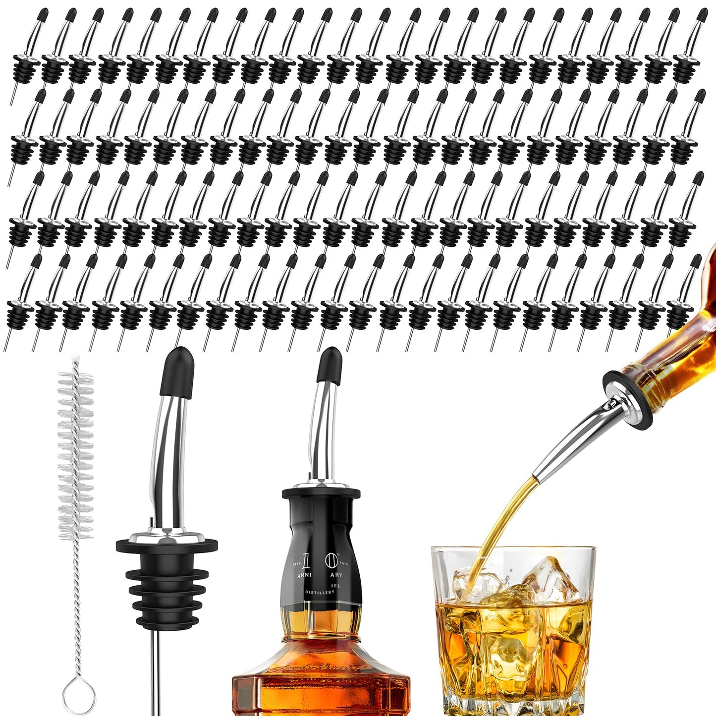 SINLUCESCE 48-Pack Stainless Steel Pour Spouts for Liquor Bottles Oil Vinegar and Wine,Liquor Bottle Pourers with Rubber Dust Caps,Bar accessories,Pourers for Bartending