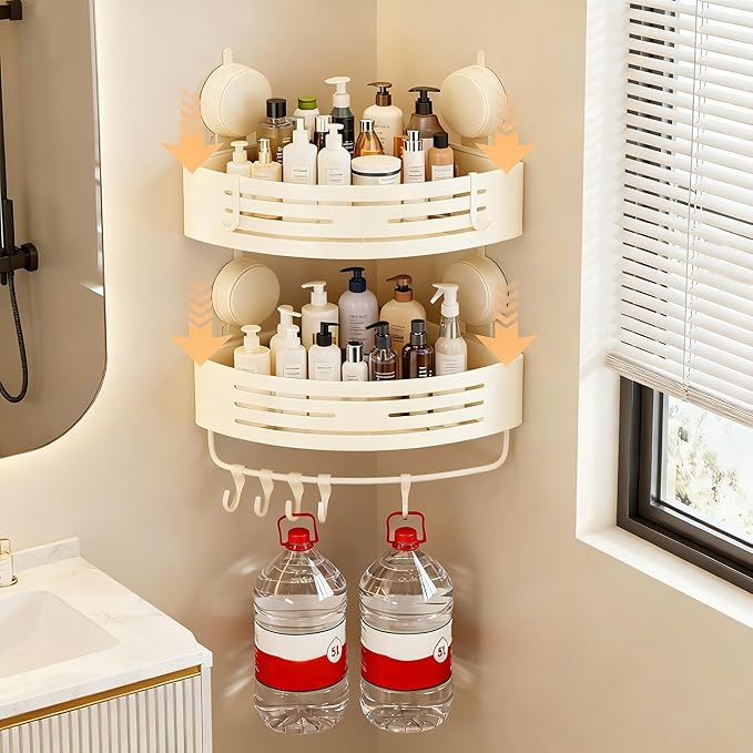 Corner Suction Cup Shower Caddy(2-Pack Cream White),No-Drilling Aluminum Shower Shelf with Towel Bar & Hooks,Removable Bathroom and Kitchen Storage Organizer