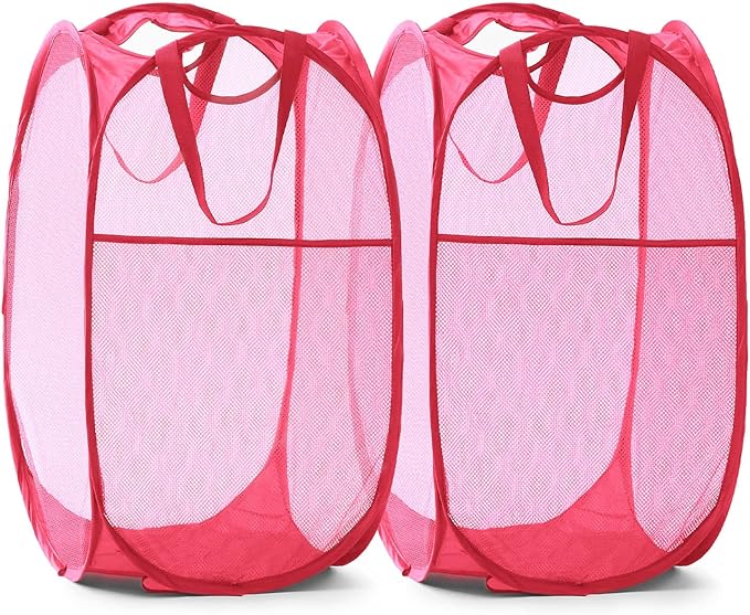 TECHMILLY Collapsible Mesh Pop Up Laundry Hamper with Sturdy Handles and Side Pocket - Portable Foldable Clothes Baskets for Dorm, Bathroom & Travel Storage (Pink, 2 Packs)