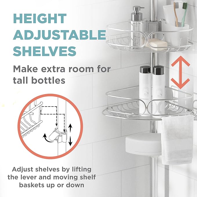 Zenna Home Tension Pole Shower Caddy Corner Organizer, Adjustable Standing Shower Caddy with 4 Shelves, Rustproof Bathroom Tension Rod Organizer, 60 to 108 Inch, Stainless Steel