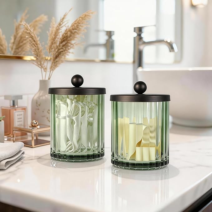 Amolliar Sage Green Glass Apothecary Jar With Metal Lid & Stickers, Bathroom Qtip Holder Dispenser for Cotton Swabs, Balls, Round Pads, Bath Salt, Floss, Countertop Canister Storage, Bronze 4 Pack
