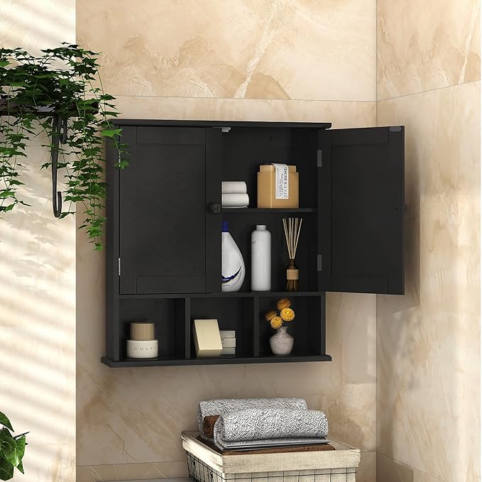 TaoHFE Black Bathroom Over The Toilet Storage Cabinet,Wall Medicine Cabinet Organizer with 2 Door Adjustable Shelves,Wooden Modern Bathroom Shelves Wall Mounted Laundry Room