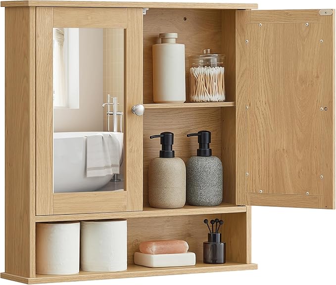 VASAGLE Bathroom Cabinet with Mirror, Wall Cabinet with 2 Mirrored Doors, Adjustable Shelf, Open Compartment, Wall-Mounted, 5.1 x 22.2 x 23 Inches, Natural Oak ULHC003Y01