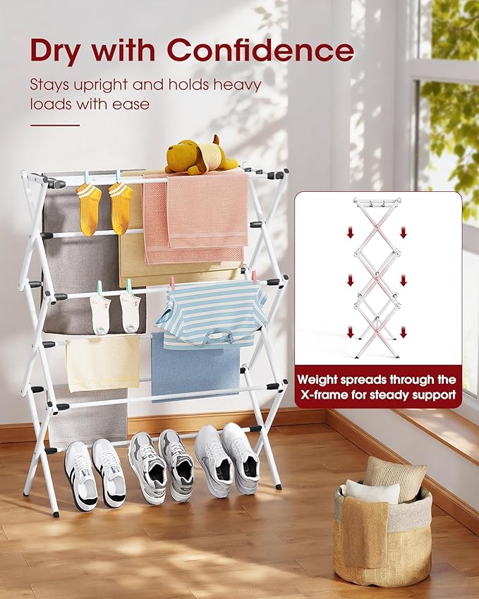 Foldable Clothes Drying Rack – Metal Laundry Drying Rack with Non-Slip Feet, 3-Tier Space-Saving Clothing Rack for Laundry Organization, Indoor & Outdoor Use, 11.4"D x 29.1"W x 37.4"H, White