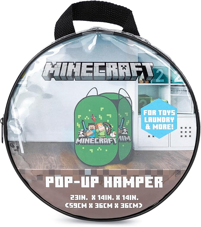 Jay Franco Minecraft Pop Up Hamper - Mesh Video Game Laundry Basket Bag with Durable Handles - Storage for Clothes or Toys