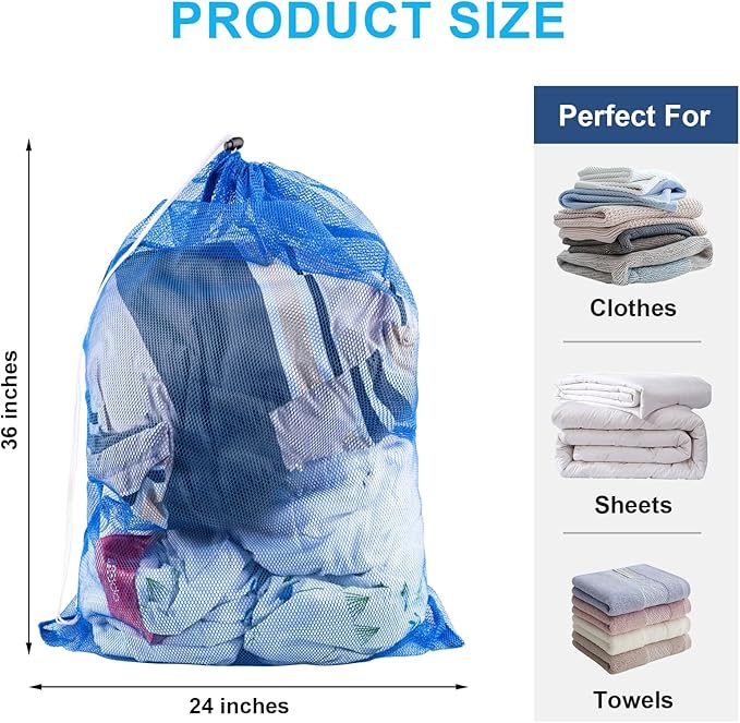 2 Pack Large Mesh Laundry Bags, 24" x 36" Heavy Duty Strong Drawstring Dirty Clothes Bags with Soft Breathable Net, Machine Washable Laundry Bag for College, Dorm, Camp, Travel and Family Use(Blue)
