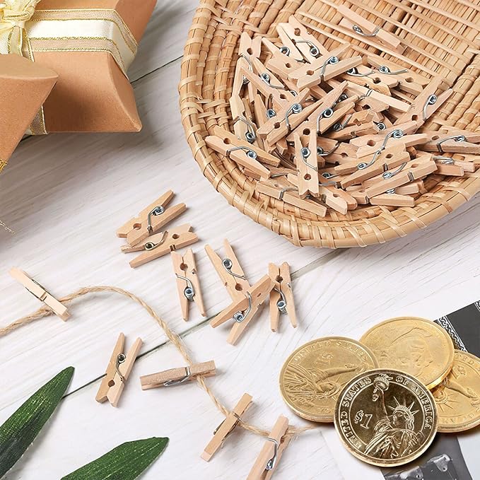 Mini Clothespins, Mini Clothes Pins for Photo Natural Wooden Small Picture Clips for Crafts 1 Inch 300 PCS Tiny Pegs with Jute Twine String Decorative Wood Clips for Wall Hanging Pictures