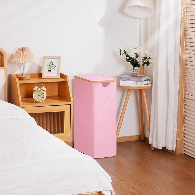Slim Laundry Basket with Lid, Narrow Dirty Clothes Hampers for Laundry with Handle, Skinny Laundry Bin for Laundry Room, Dorm, Bedroom and Bathroom, 19.8 Gallon (75L) Pink
