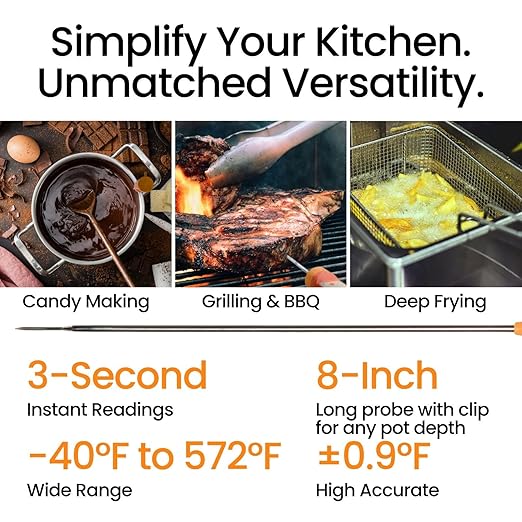Candy & Meat Thermometer with Type-C Rechargeable Digital Instant Reading for Candy Making, BBQ, Deep Frying, & Liquids, 8" Long Probe,CT180-BT