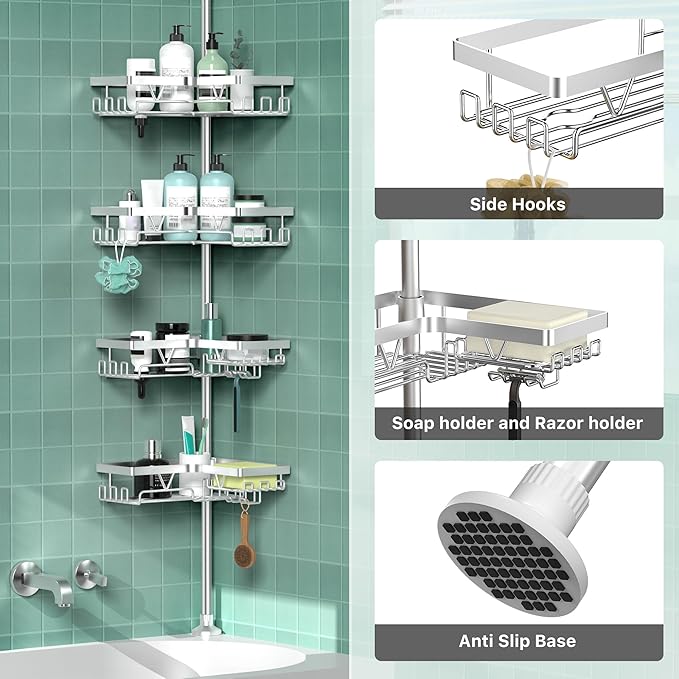 Shower Caddy Tension Pole - Corner Shower Shelves with Soap Holder Bathroom Shower Organizer for Tub (Stainless Steel, Silver, Floor to Ceiling 25-114.2 inch)