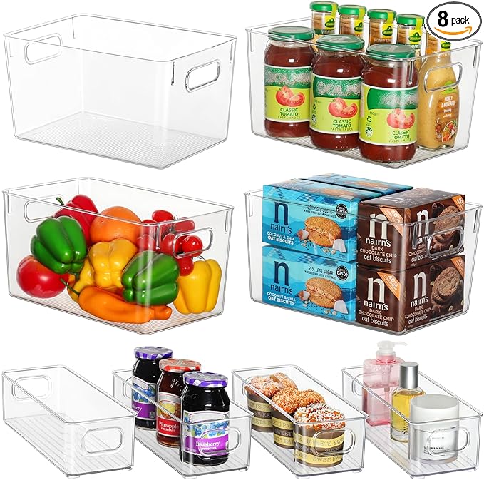 Qilinba Clear Storage Bins 8 Pack for Pantry Organizers, 4 Large Plastic Pantry Organizer Bins and 4 Small Stackable Storage Containers for Kitchen Cabinet, Home Edit, Freezer Fridge Organizer