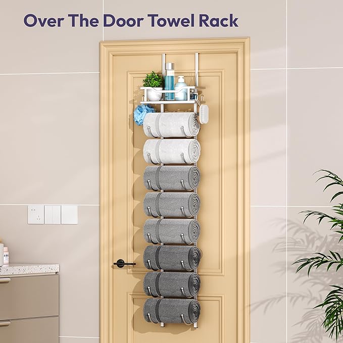 SWTYMIKI Over The Door Towel Rack - 9 Tier Towel Racks for Bathroom Wall Mounted, Towel Holder with Shelf, Hanging Rolled Towel Storage Organizer for Small Bathroom, Camper, RV, Sliver