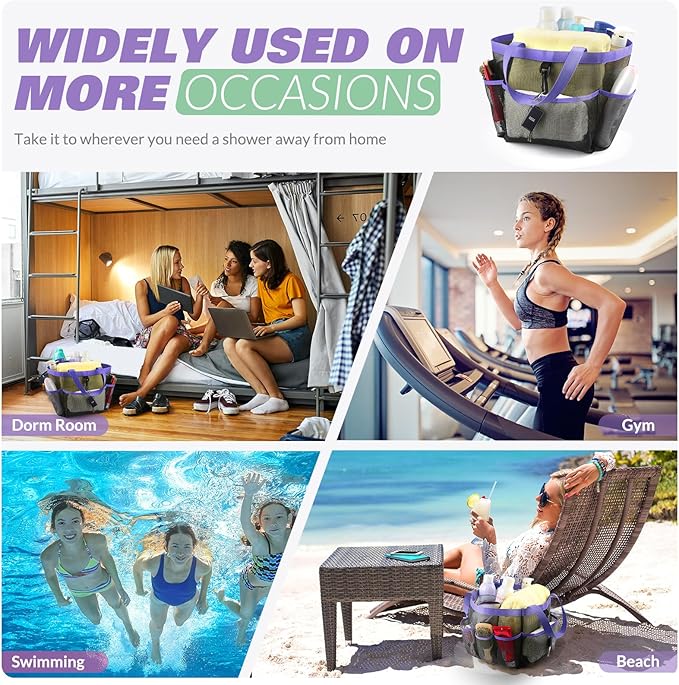 Mesh Shower Caddy Portable for College Dorm Room Essentials with 8 Pockets, Shower Bag for Beach, Swimming, Gym, Travel, Bathroom(Purple)