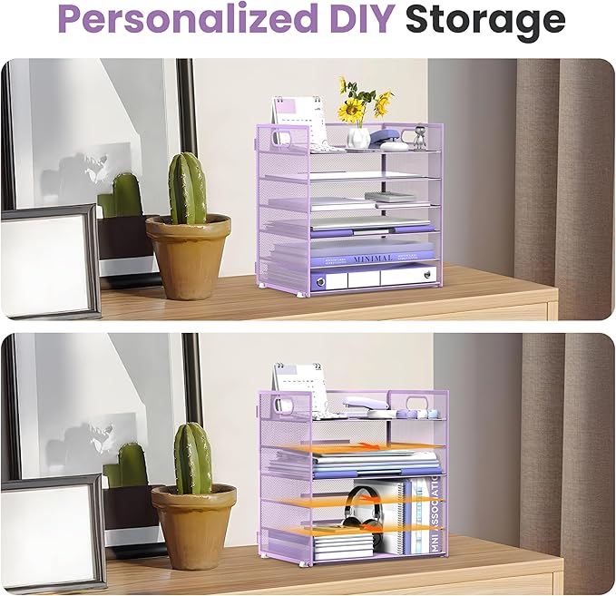 Daltack 6 Tier Paper Organizer for Desk, Paper Letter Tray Organizer for Desks, Mesh Desk File Organizers with Handle for Office, Home, School, Purple, 2 Pack