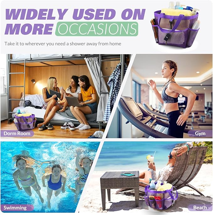 Mesh Shower Caddy Portable for College Dorm Room Essentials with 8 Pockets, Shower Bag for Beach, Swimming, Gym, Travel, Bathroom(All purple)