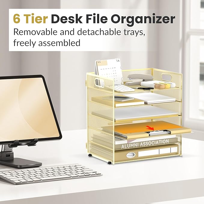 Daltack 6 Tier Paper Organizer for Desk, Paper Letter Tray Organizer for Desks, Mesh Desk File Organizers with Handle for Office, Home, School, Gold