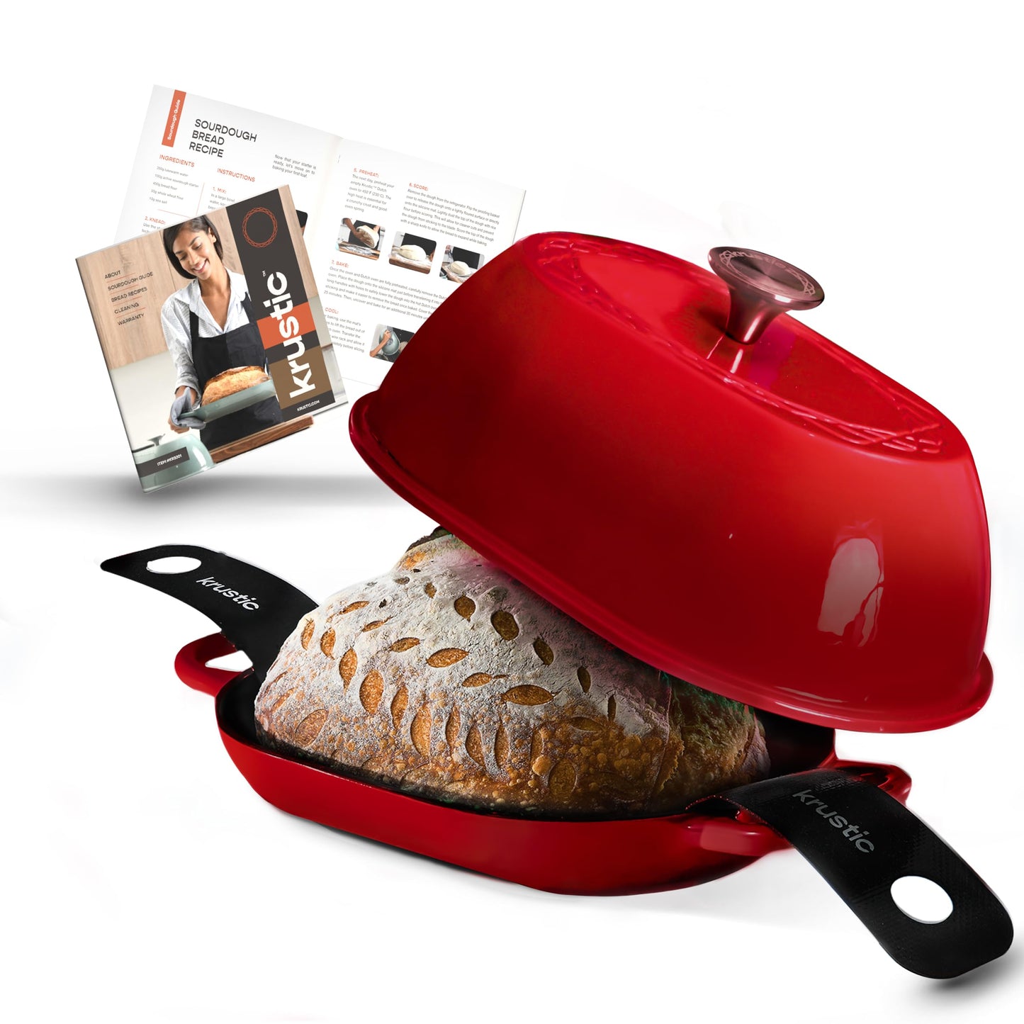 Krustic Enameled Cast Iron Dutch Oven for Professional Sourdough Bread Baking | 5.5 Quart Loaf Size Oval Cookware Pot with Lid | Triple-Layer Enamel Coating Pan with Non Stick Silicone Mat |Red