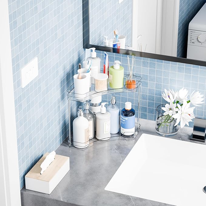 Yieach 2 Tier Corner Bathroom Counter Organizer,Clear Sink Shelf,Bathroom Corner Organizer and Storage for Restroom,Vanity Countertop,Two Tier Small Sink Organizers & Rack for Makeup,Beauty Product