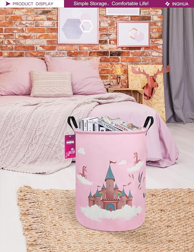 Laundry Hamper Large Canvas Fabric Lightweight Storage Basket/Toy Organizer/Dirty Clothes Collapsible Waterproof for College Dorms, Boys and Girls Bedroom,Bathroom(Unicorn Castle)