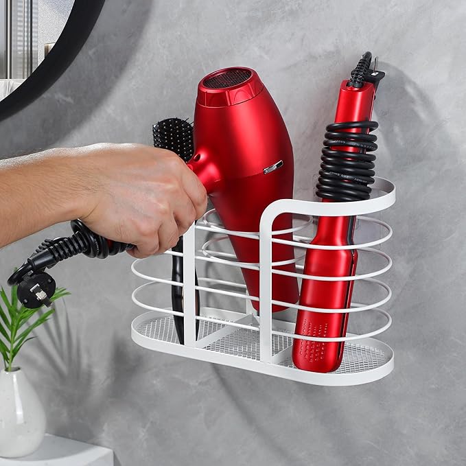 YIGII White Hair Dryer Holder - Adhesive Blow Dryer Holder/Hair Tool Organizer Bathroom Organizer Stick on Wall Mounted Multi-Functional Hair Dryer Rack for Wire Straightener, Shavers