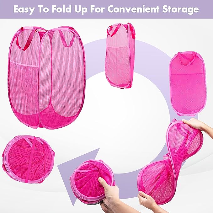 DUCOO Pop Up Hamper, 2 PCS Mesh Pop Up Laundry Hamper, Foldable Mesh Laundry Basket with Space Saving Design for Home, Dorm, Travel and Storage, Pink