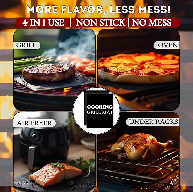 COOKNEST Grill Mat Set – 60"x40" Under Grill Mat for Outdoor Grill + 2 BBQ Cooking Mats, Heat-Resistant Silicone, Includes Stakes & Bag – Use on All Surfaces
