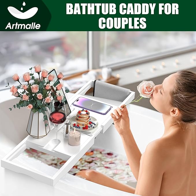 Artmalle Bathtub Tray for Tub, Expandable Bamboo Bath Caddy Tray with Book Holder for Home Spa Relaxing, Foldable Minimalist Bathroom Accessories for Women Men (Simple, White)