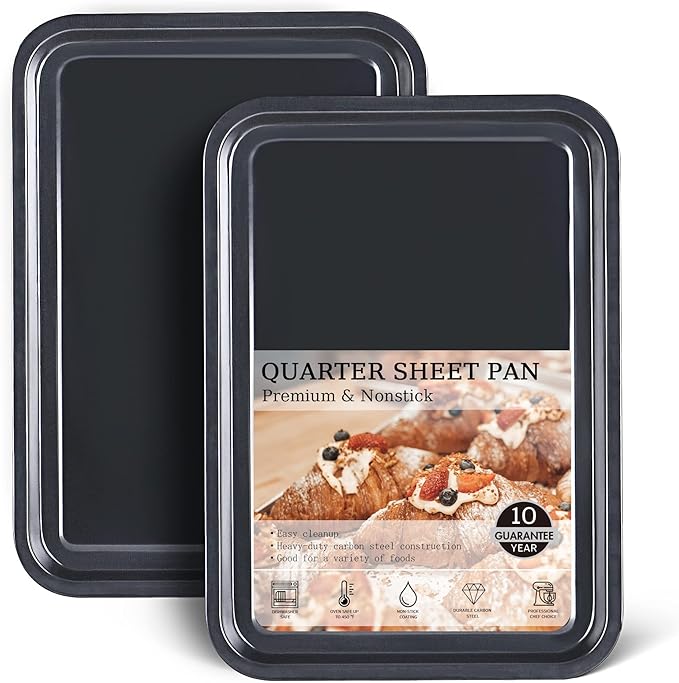 HONGBAKE 2 Pack 11 x 9 Inch Toaster Oven Pans and Trays, Small Baking Sheet Set for Cooking, Non-Stick Cookie Sheets, Heavy-Duty 0.8mm Thick, Easy to Clean, 1.26 Inch Deep, Gold